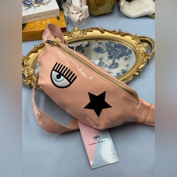 🆕 CHIARA FERRAGNI 🧿 NWT Eyelike Embroidered Bumbag, Peach Faux Leather - Picture 13 of 15